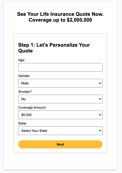 Step 1 of Quote Form interface - user selects coverage needs